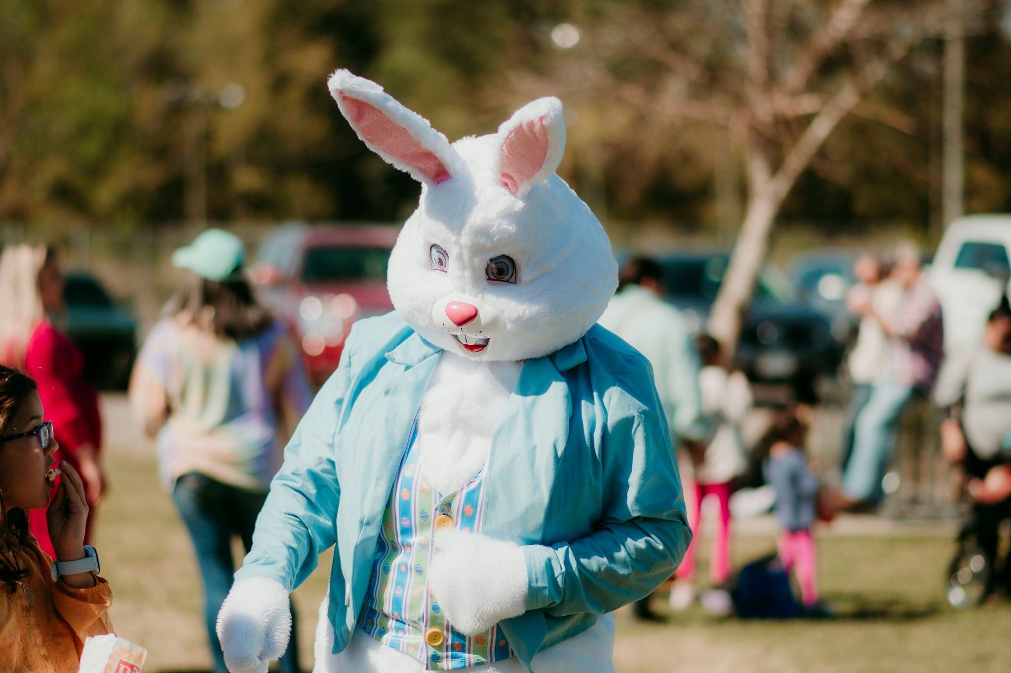 A person in a bunny costume creates a lively and playful scene